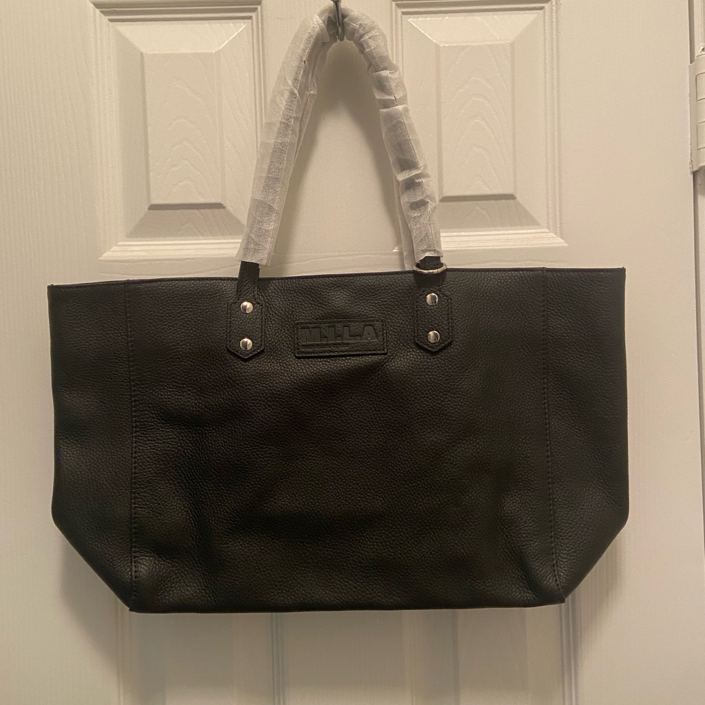 M.I.L.A Black Leather Tote Bag 11x17 Snap Closure With 3 Interior Pockets